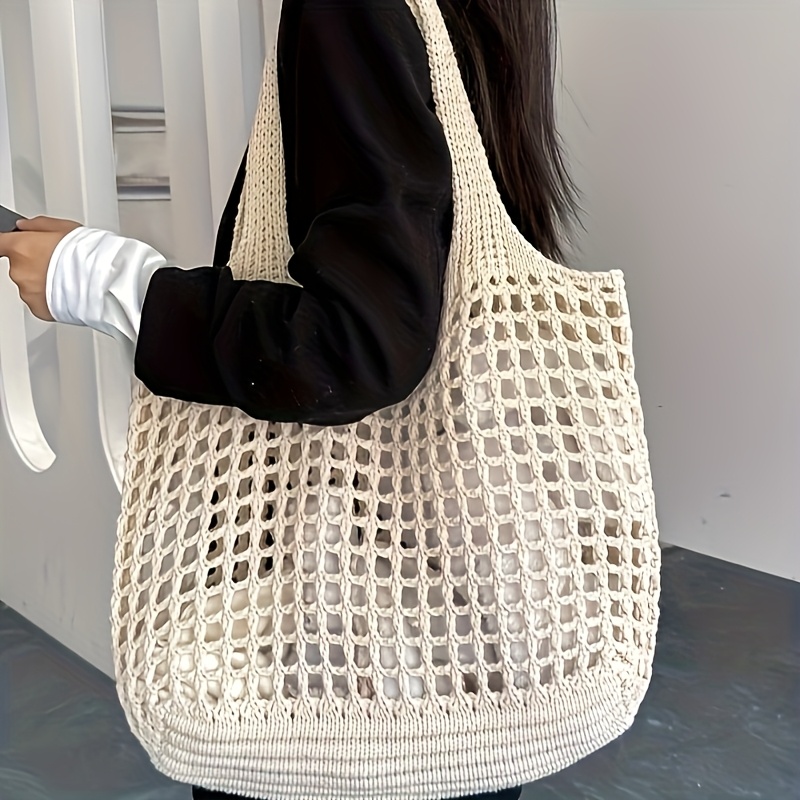 Crochet Market Bag - 1個入りかぎ針編みメッシュトートバッグ、通気性のある中空ニットショルダーバッグ、大きな織りビーチバッグ、休暇用カジュアルハンドバッグ、日常使用に