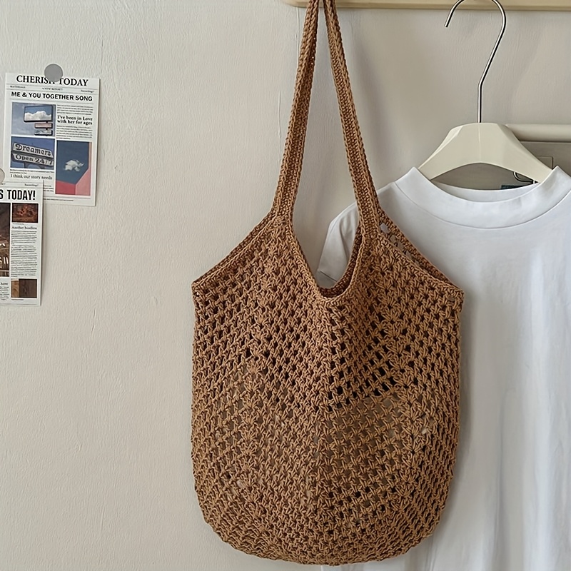 Crochet Market Bag - かぎ針編みメッシュトートバッグ 中空織りショルダーバッグ 再利用可能な軽量ニットマーケットバッグ ビーチ旅行、ショッピング、日常使用に