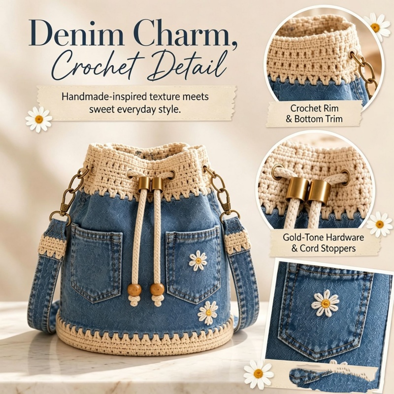 Crochet Market Bag - デニムクロシェバケットバッグ手作りクロシェフラワートート巾着クロスボディバッグニット花柄財布バッグ女性休暇用ショルダーバッグ