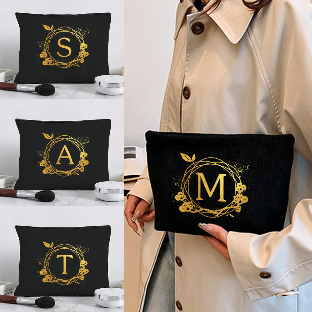 Women Bags For Office Use - レディース用、黒色のキャンバス製収納ポーチ。花柄の文字プリントが施され、フラットなデザインで、旅行、学校、オフィス、普段使いに最適。ジッパー付き。