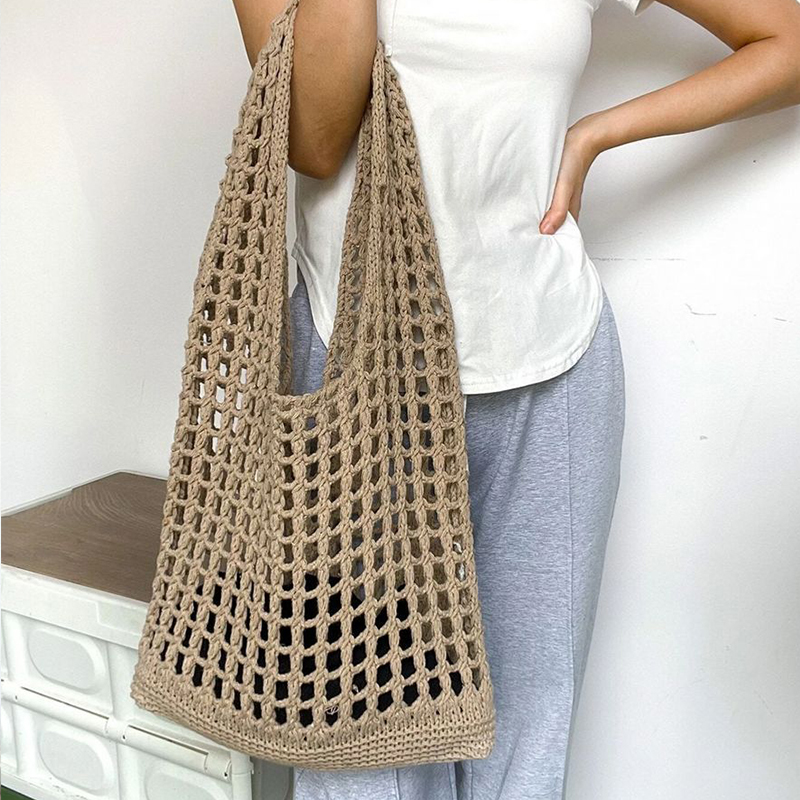 Crochet Market Bag - 女性用ボヘミアン織りショルダーバッグ,かぎ針編みのファッションバッグ,トートバッグ,ビーチハンドバッグ,夏