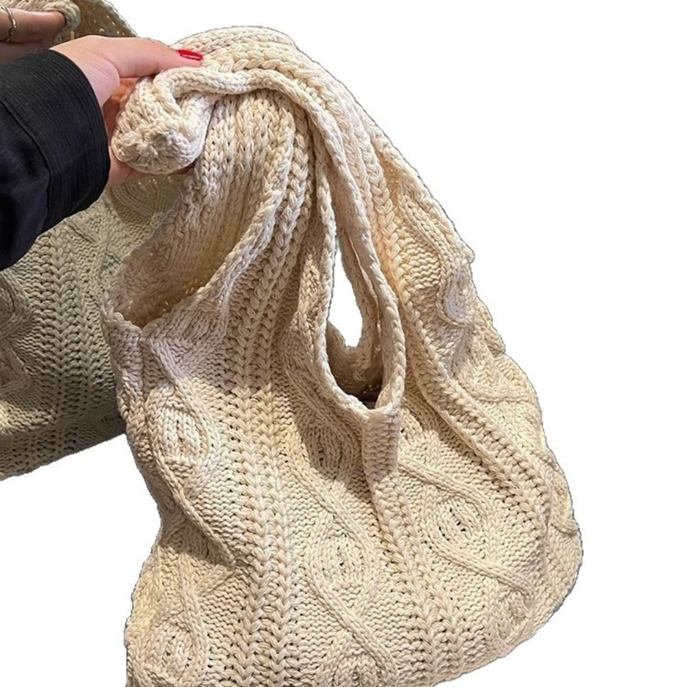 Crochet Market Bag - ニット編み込みクロシェトートバッグ、中空パターン、シンプルデザイン、レディースショルダーバッグ、無地トップハンドルバッグ