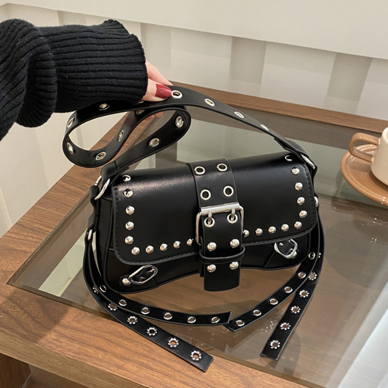 Women Bags For Airport - 女性用ショルダーバッグ パンクスタイル財布 PUレザー ロックファッションハンドバッグ リベット付き 小型トレンディ脇財布