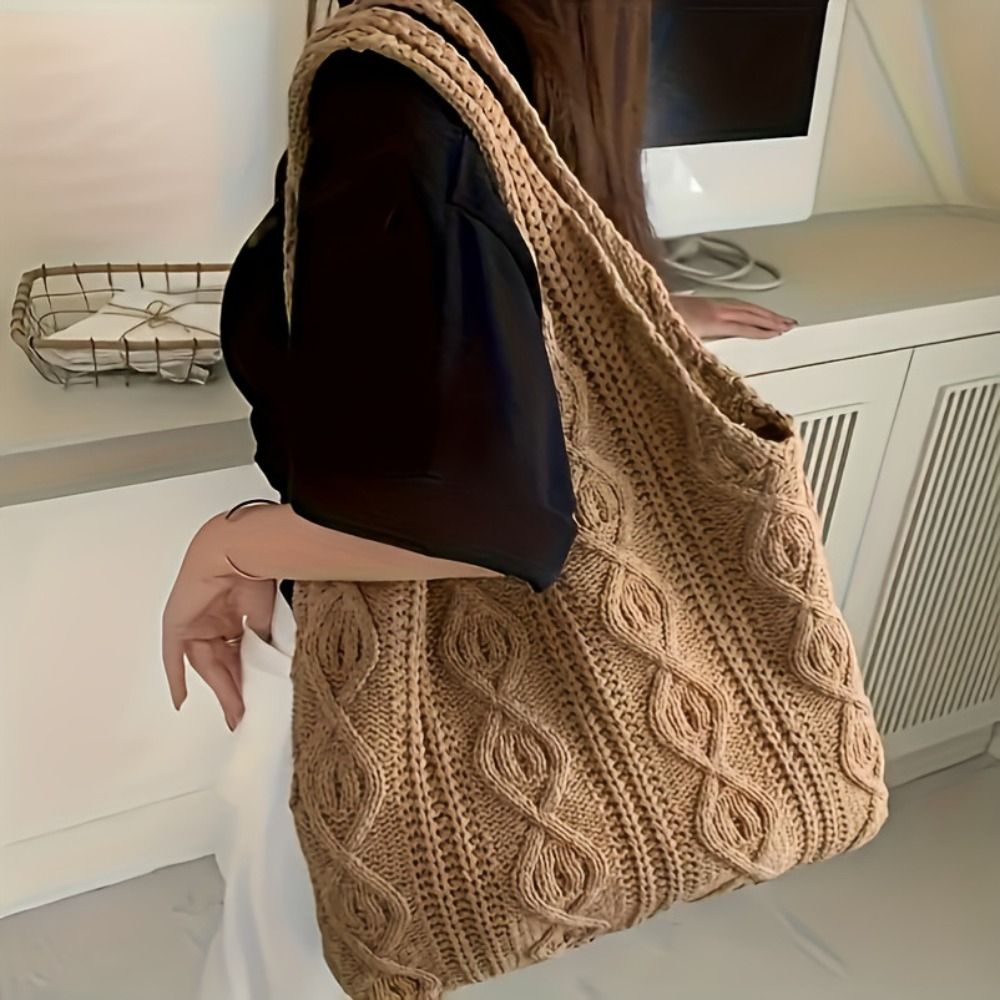 Crochet Market Bag - ニット編みクロシェトートバッグ中空パターン無地レディースショルダーバッグシンプルなデザイン中空ニットバッグ日常使用
