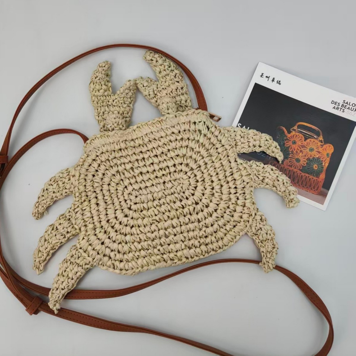 Crochet Market Bag - かぎ針編みわら織りバッグかわいいカニ動物クロスボディ財布ミニハンドバッグトートカジュアルアウトドアポケットバッグフレッシュスタイルサッチェルギフト
