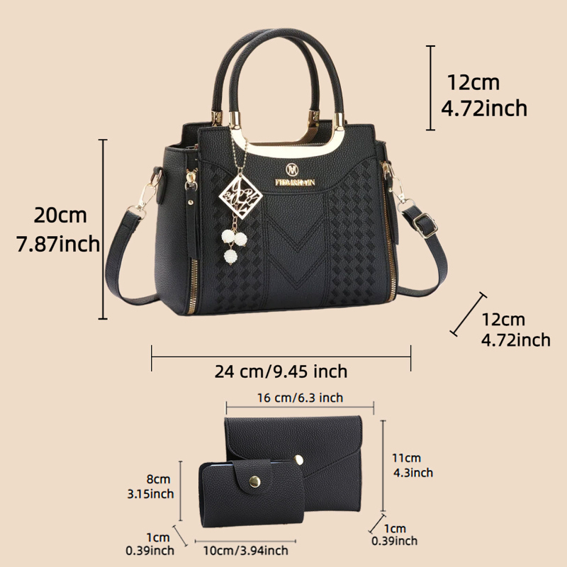ライチ柄PUレザー製の3ピースハンドバッグセット。 この無地 - Women'S Bags Cross Body のレビューと価格