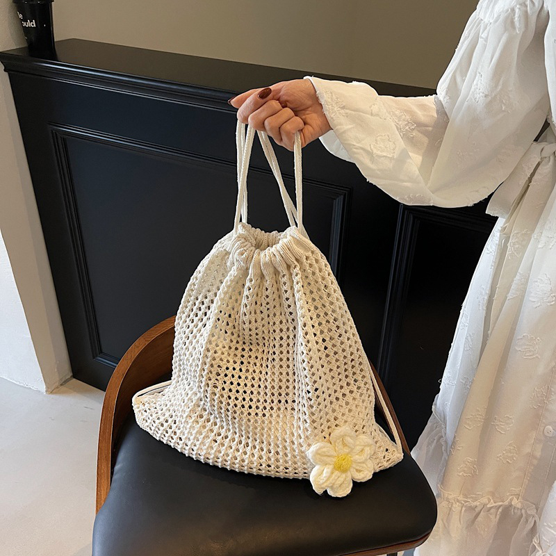 ソリッドカラーニットショルダーバッグ大容量ボヘミアンかぎ針編 - Crochet Market Bag のレビューと価格