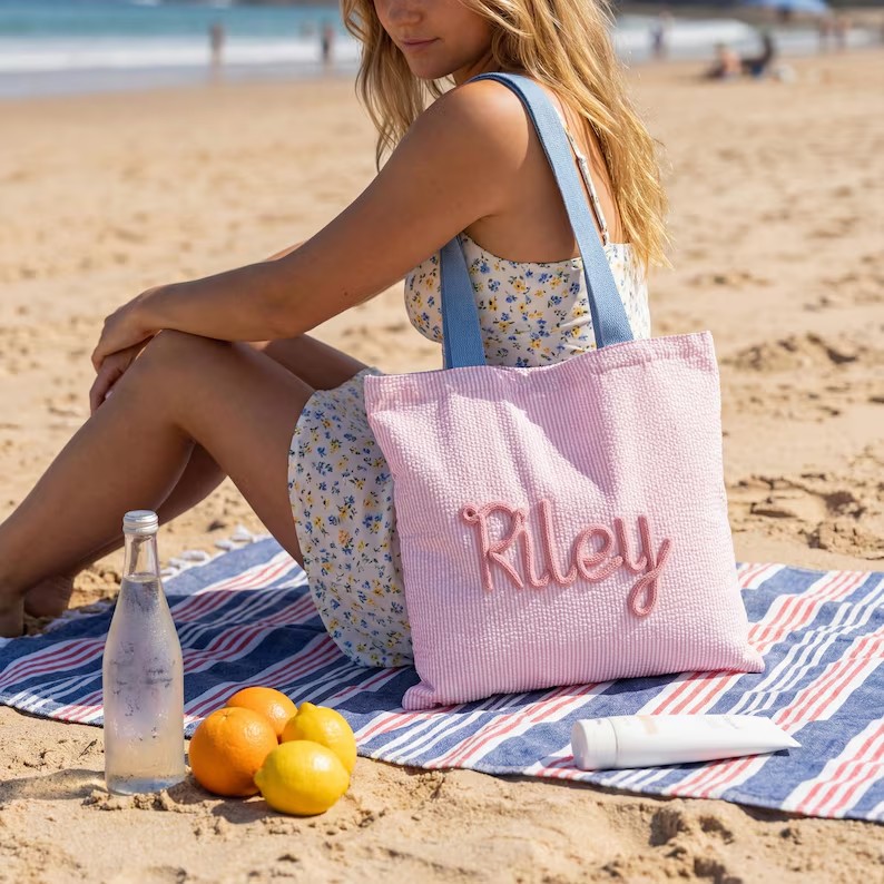 パーソナライズされたビーチトートバッグ — 内ポケット付き裏 - Crochet Market Bag のレビューと価格