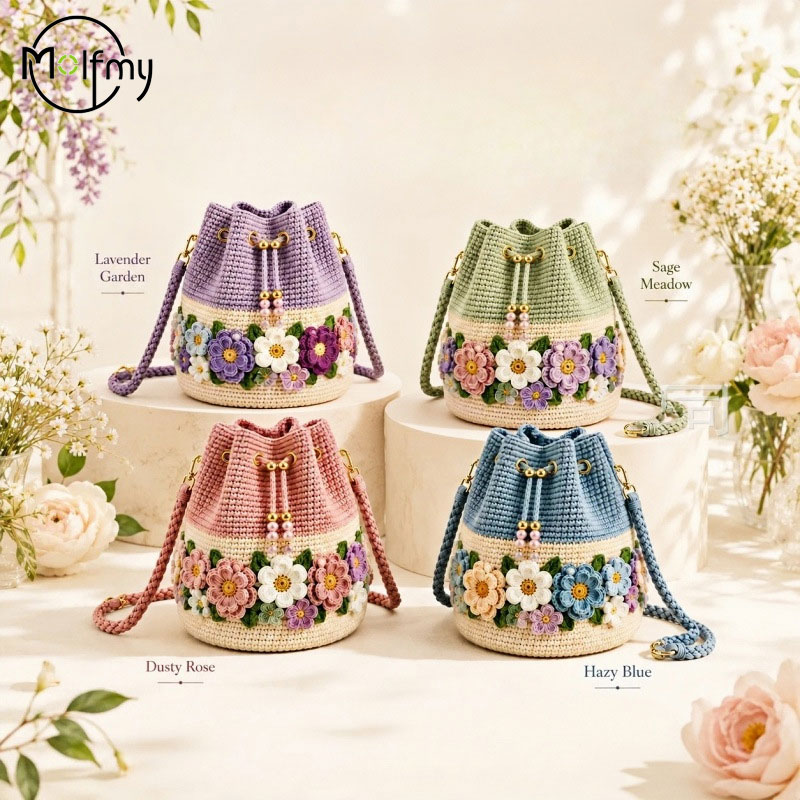 手作りのクロシェバケットバッグ、花柄トートバッグ、ニット花柄 - Crochet Market Bag のレビューと価格