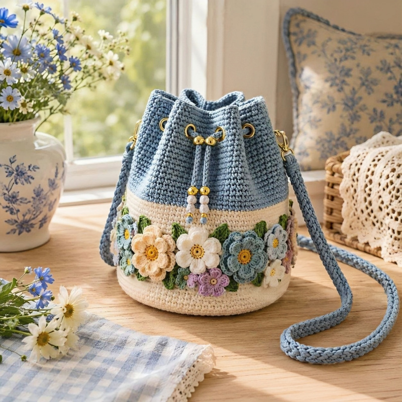 手作りのクロシェバケットバッグ、花柄トートバッグ、ニット花柄 - Crochet Market Bag のレビューと価格