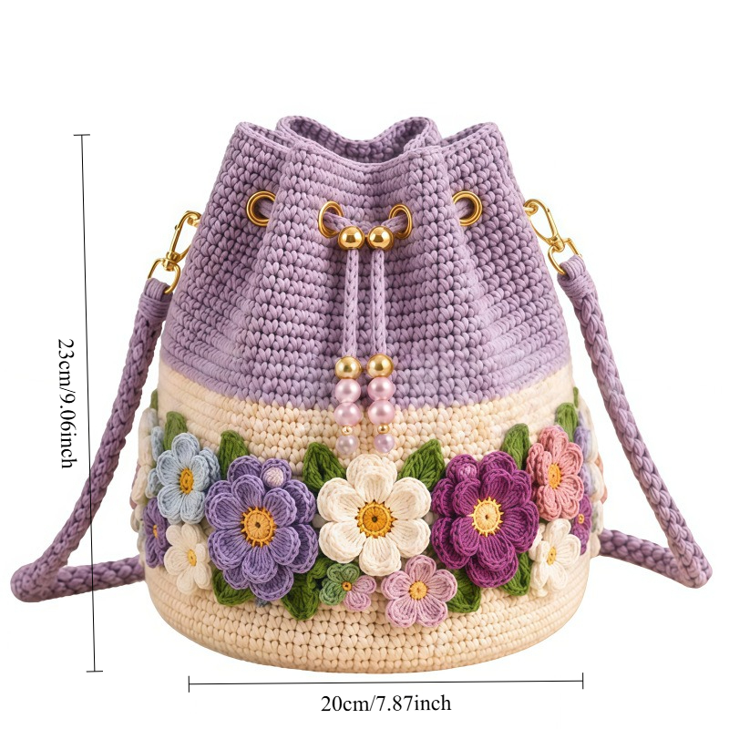 手作りのクロシェバケットバッグ、花柄トートバッグ、ニット花柄 - Crochet Market Bag のレビューと価格