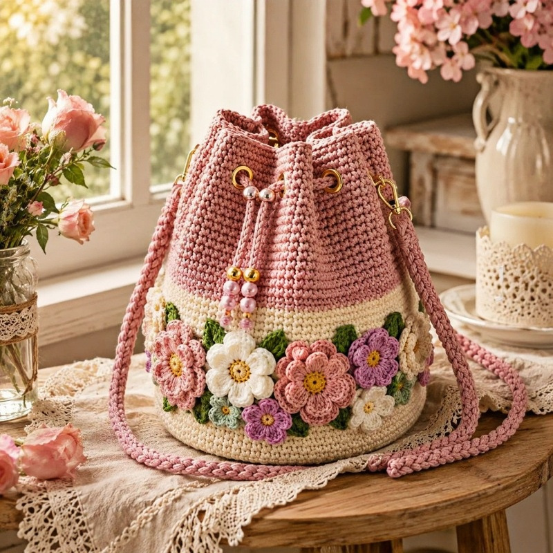 手作りのクロシェバケットバッグ、花柄トートバッグ、ニット花柄 - Crochet Market Bag のレビューと価格