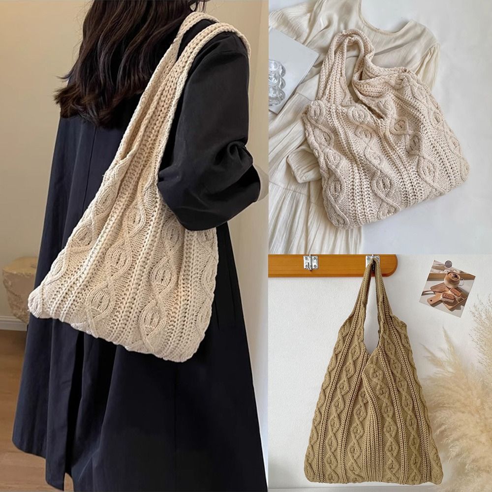 ニット編み込みクロシェトートバッグ、中空パターン、シンプルデ - Crochet Market Bag のレビューと価格
