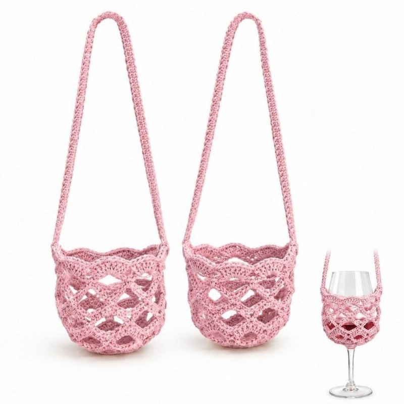 シンプルなニットクロシェワイングラス型クロスボディバッグ、無 - Crochet Market Bag のレビューと価格