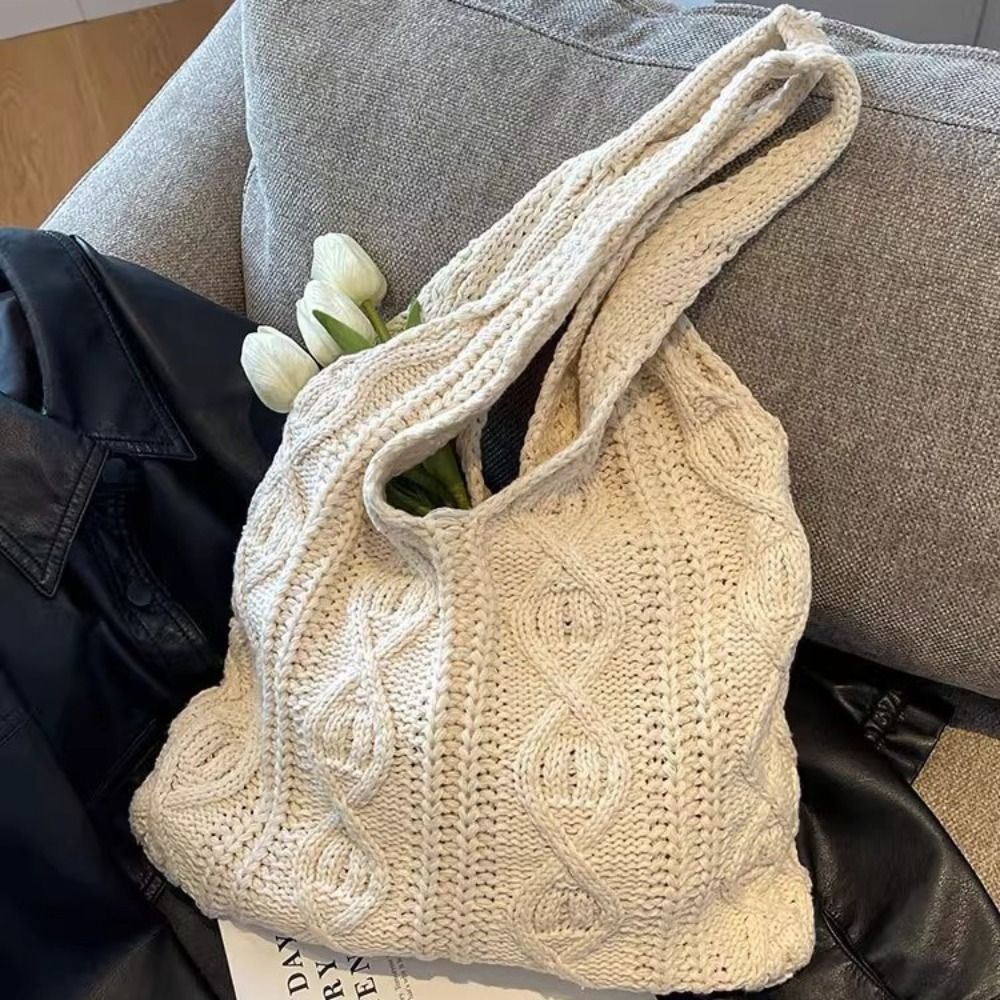 ニット編みクロシェトートバッグ中空パターン無地レディースショ - Crochet Market Bag のレビューと価格