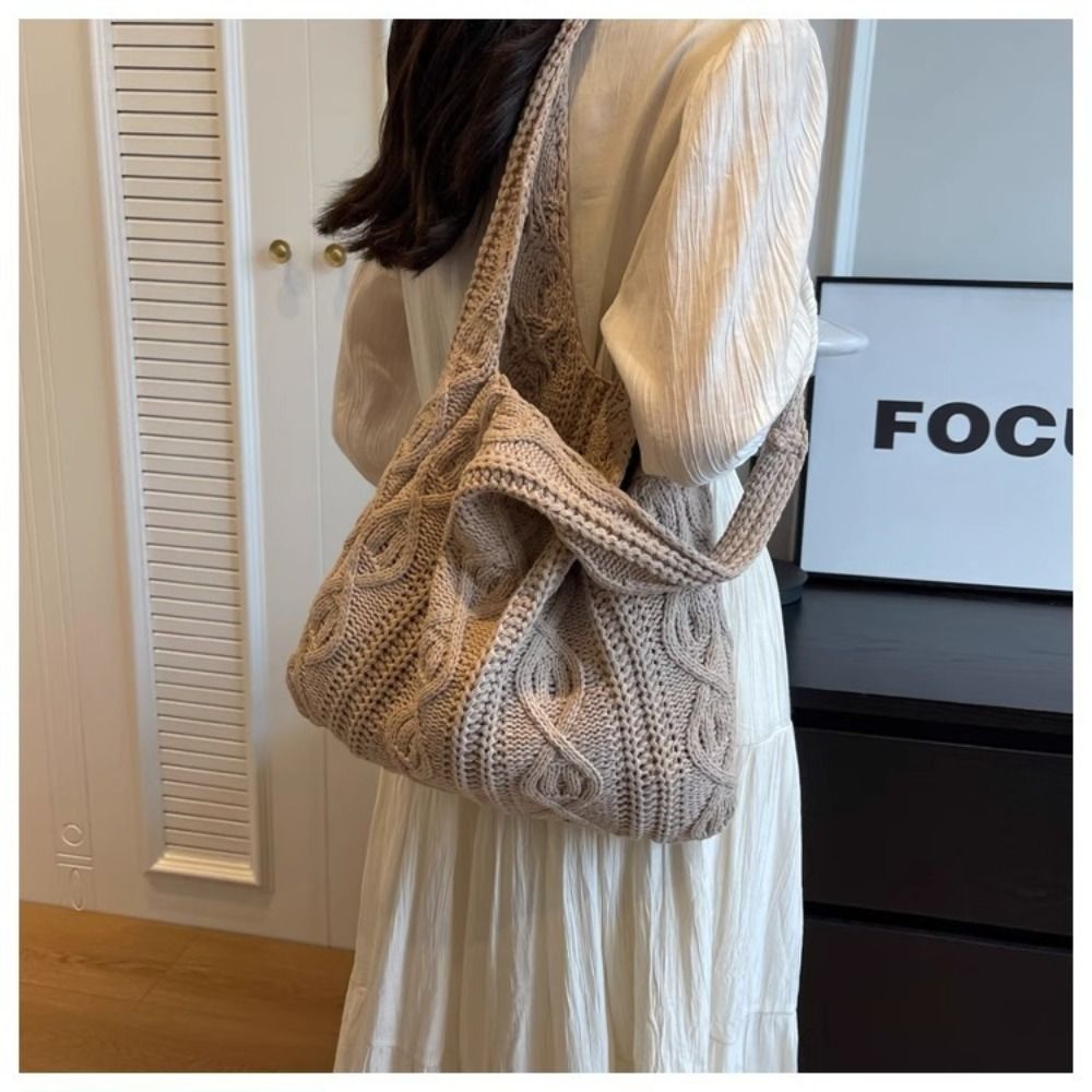 ニット編みクロシェトートバッグ中空パターン無地レディースショ - Crochet Market Bag のレビューと価格