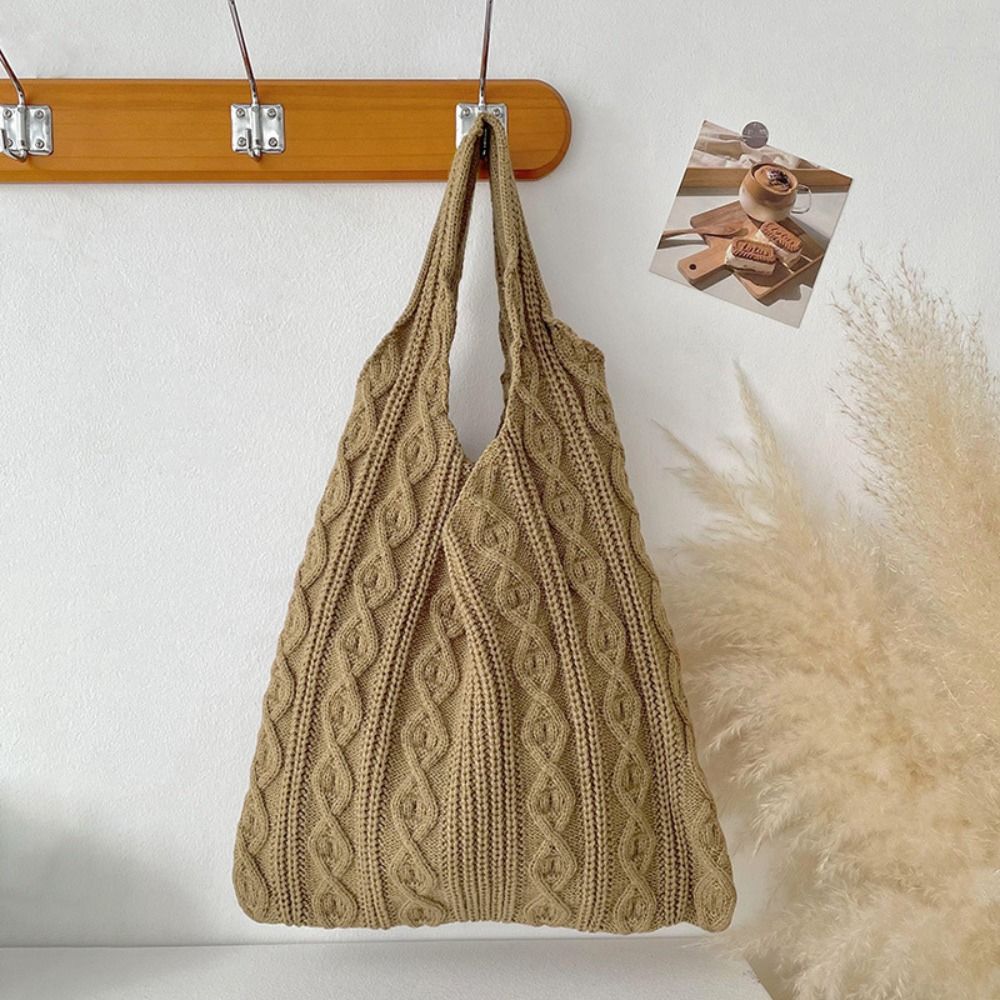 ニット編みクロシェトートバッグ中空パターン無地レディースショ - Crochet Market Bag のレビューと価格